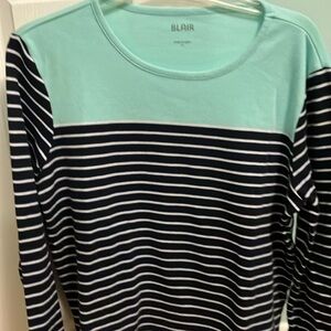 Ladies aqua !lie and white stripped shirt